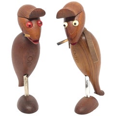 Pair of Vintage Wood Crow Bird Teak Wood Corkscrew Bottle Opener Danish Design