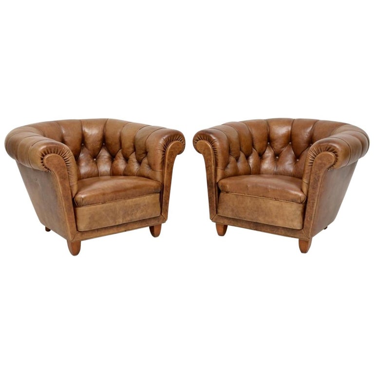 Pair of Antique Swedish Leather Chesterfield Armchairs For Sale at 1stDibs