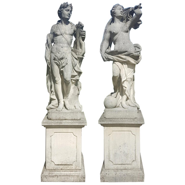 Two Italian Stone Garden Sculptures of Apollo and Roman Goddess at 1stdibs