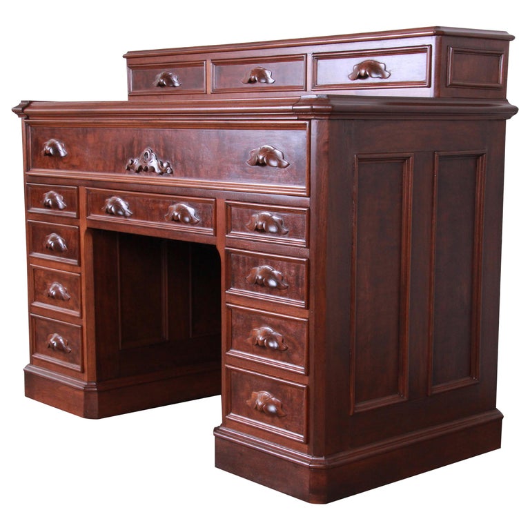 Antique Victorian Carved Flame Mahogany Chicago Railroad Desk, circa