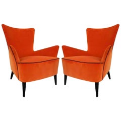 Pair of Mid-Century Modern Italian High Back Armchairs with New Orange Velvet