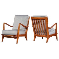 Gio Ponti Exquisite Pair of Sculptural Armchairs in Walnut & Velvet, Italy 1950s