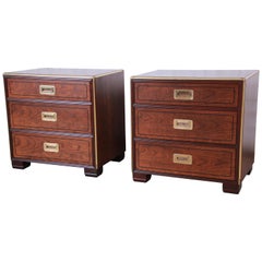 Baker Furniture Hollywood Regency Walnut and Brass Campaign Style Nightstands