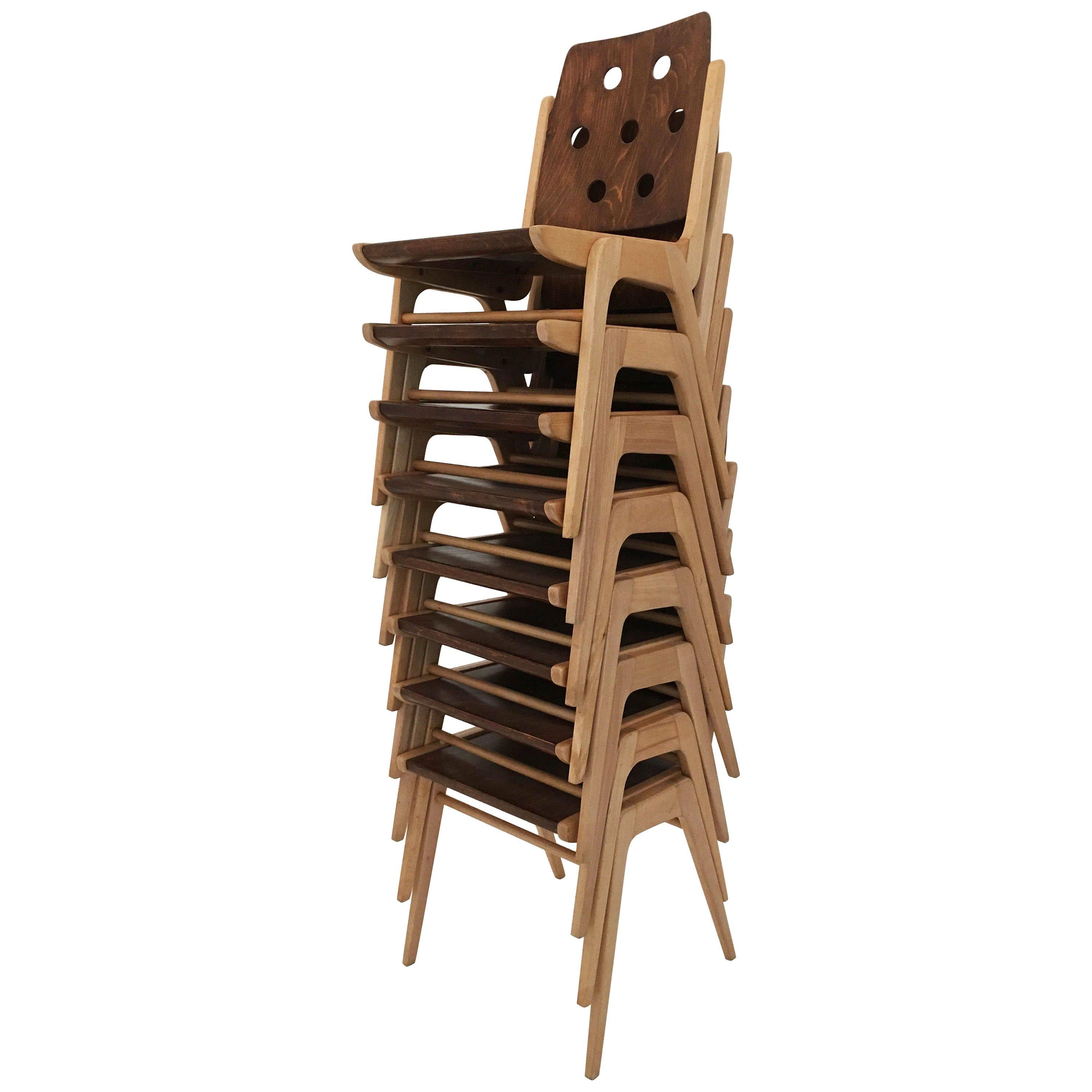 Set of Eight Stacking Dining Chairs Franz Schuster, Duo-Colored, Austria 1950s