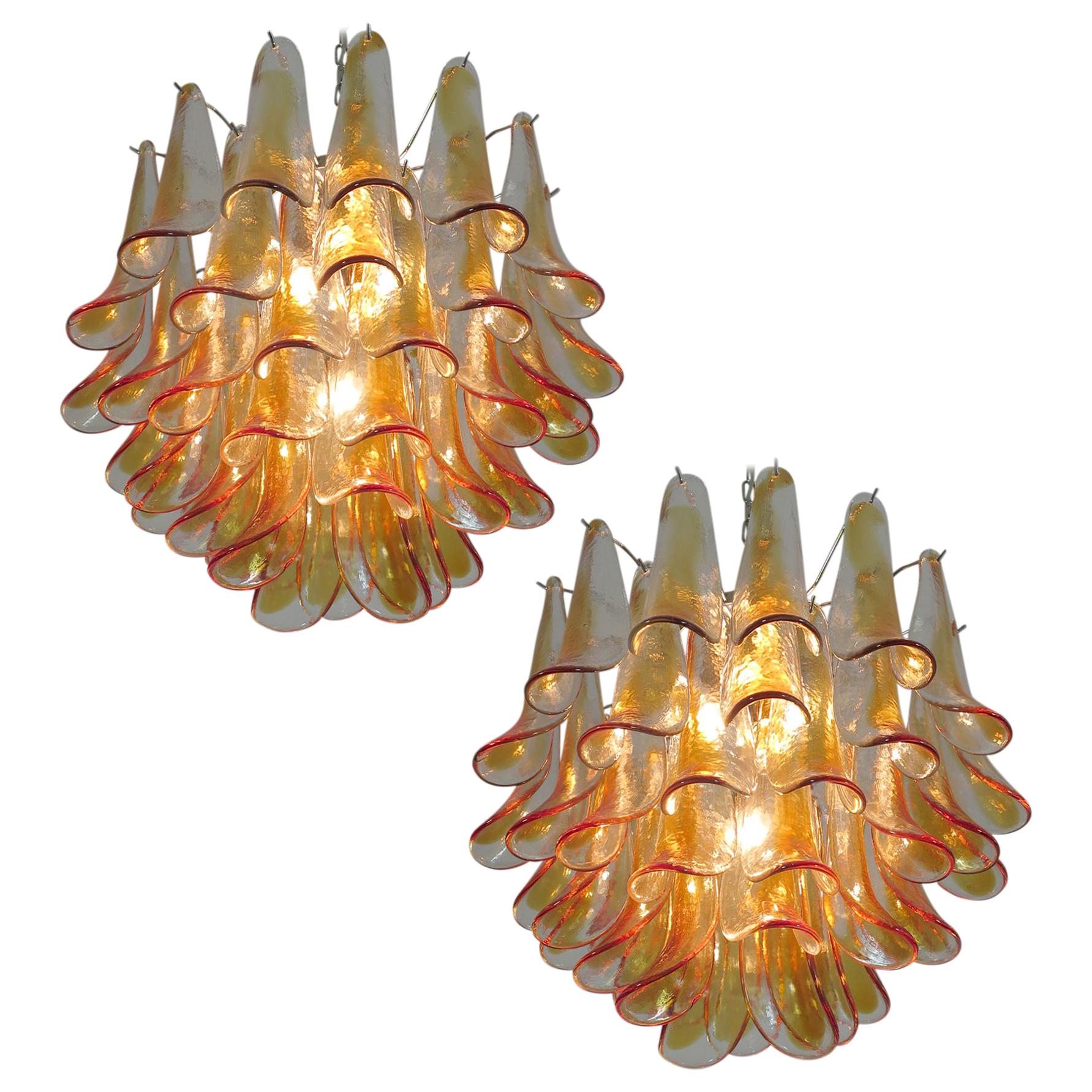 Pair of Murano Glass Amber Petals Chandelier by Mazzega, 1970s
