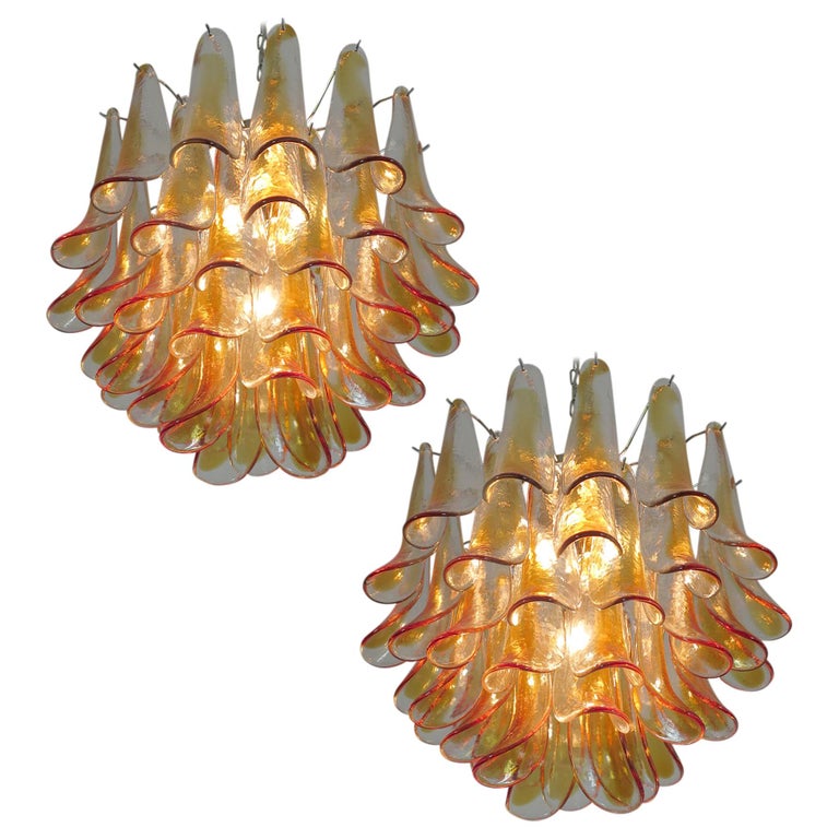 Pair of Murano Glass Amber Petals Chandelier by Mazzega, 1970s For Sale