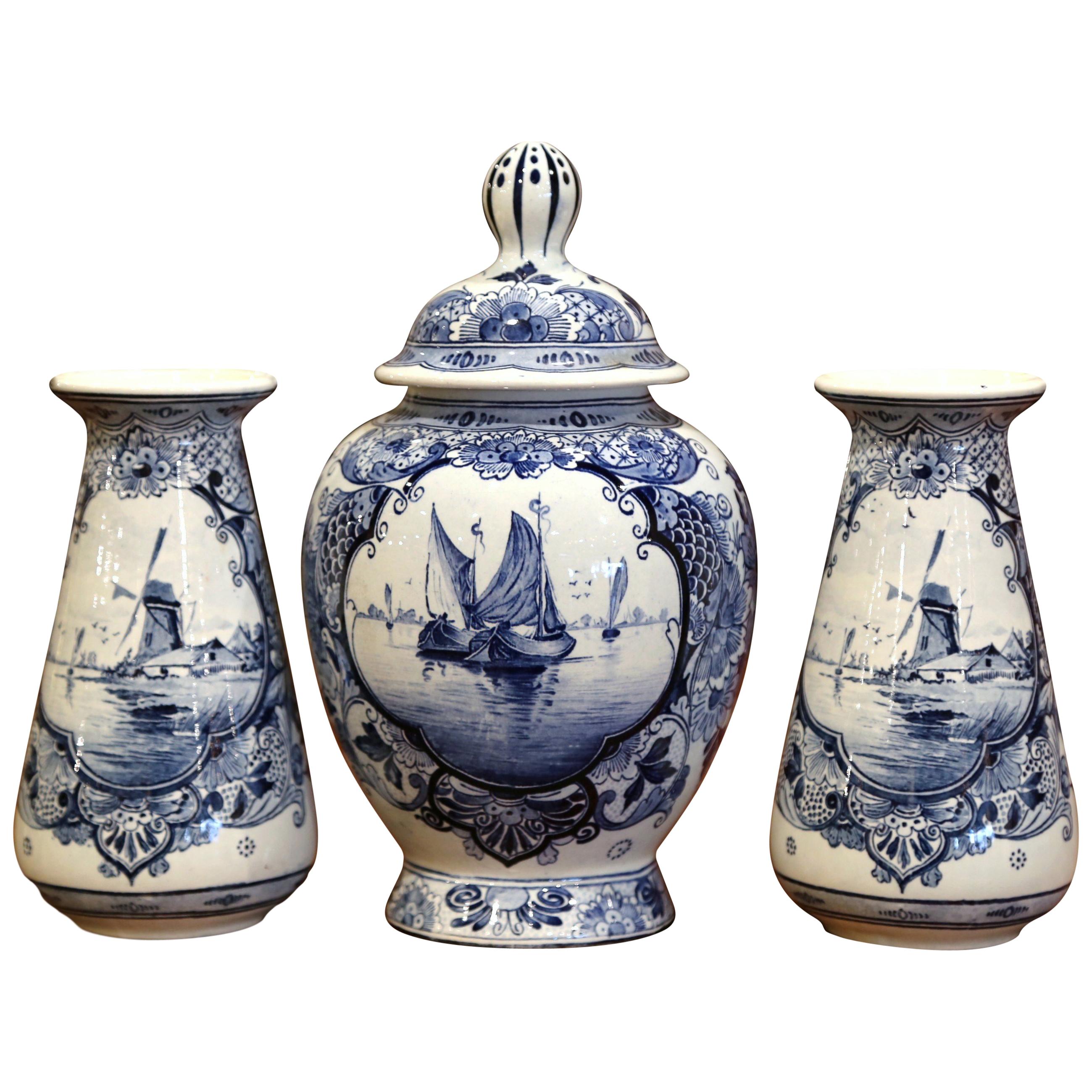 Early 20th Century Dutch Blue and White Maastricht Delft Mantel Three-Piece Set