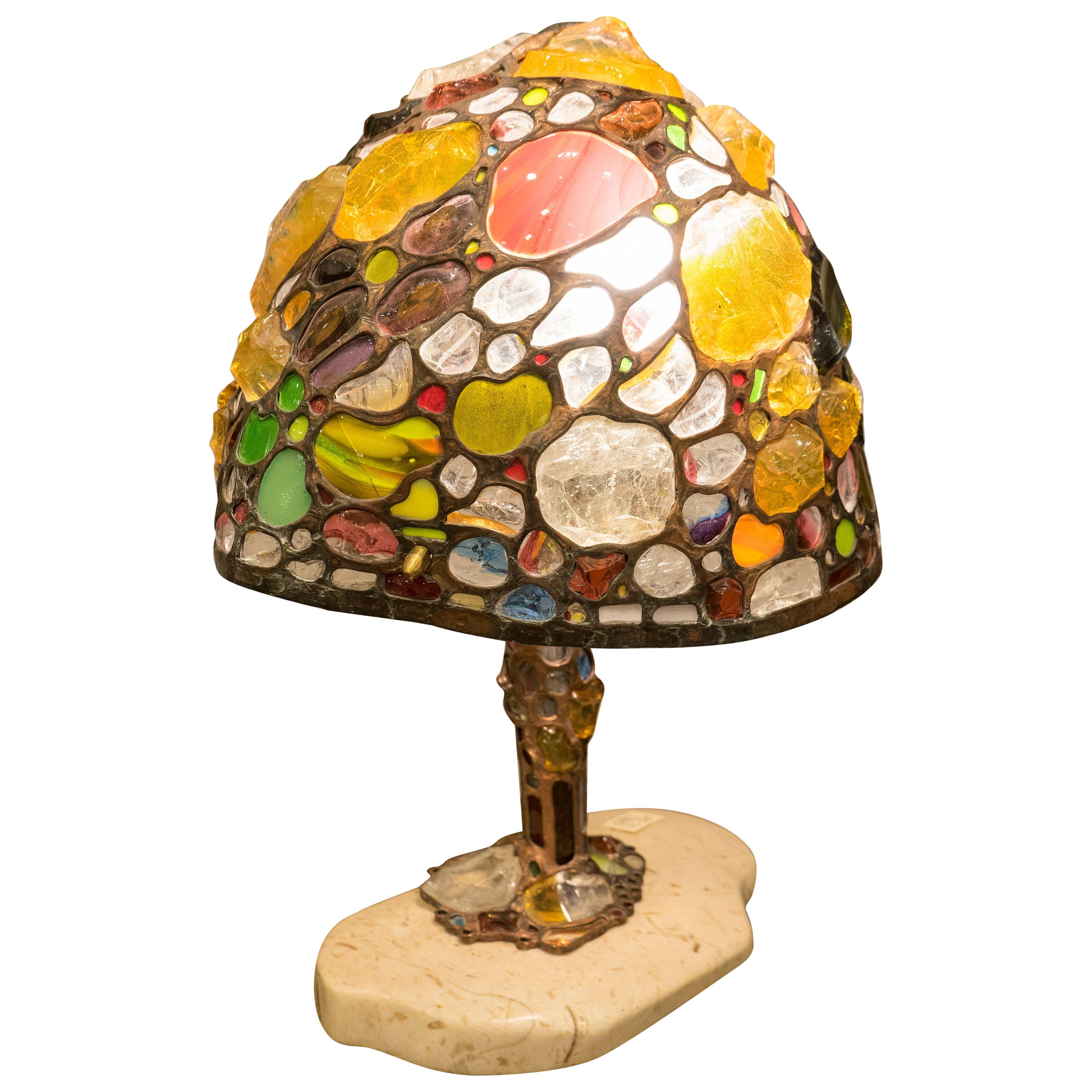 Tiffany Style Table Lamp, Coloreful  Glass and Leaded in Copper, Marble, Signed