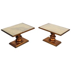 Pair of Gilded Eglomise Hollywood Regency Style Glass Top End Tables