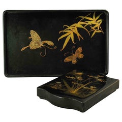 Japanese Gold and Black Lacquer Service Tray and Lacquer Document Box