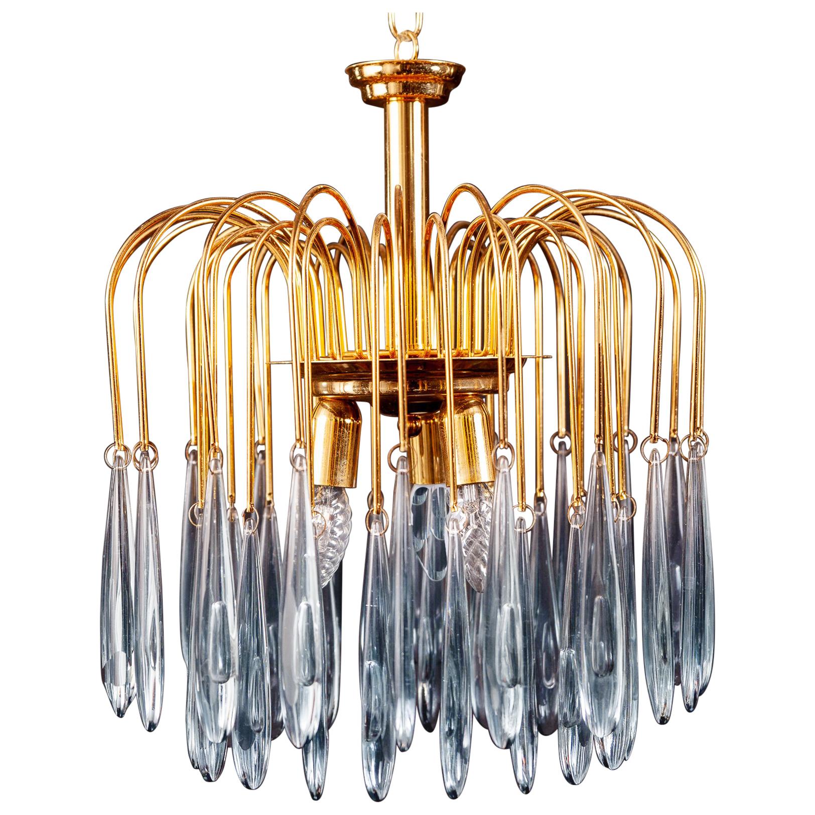 Murano Glass Aquamarine Drops Brass Frame Chandelier Venini, 1970s