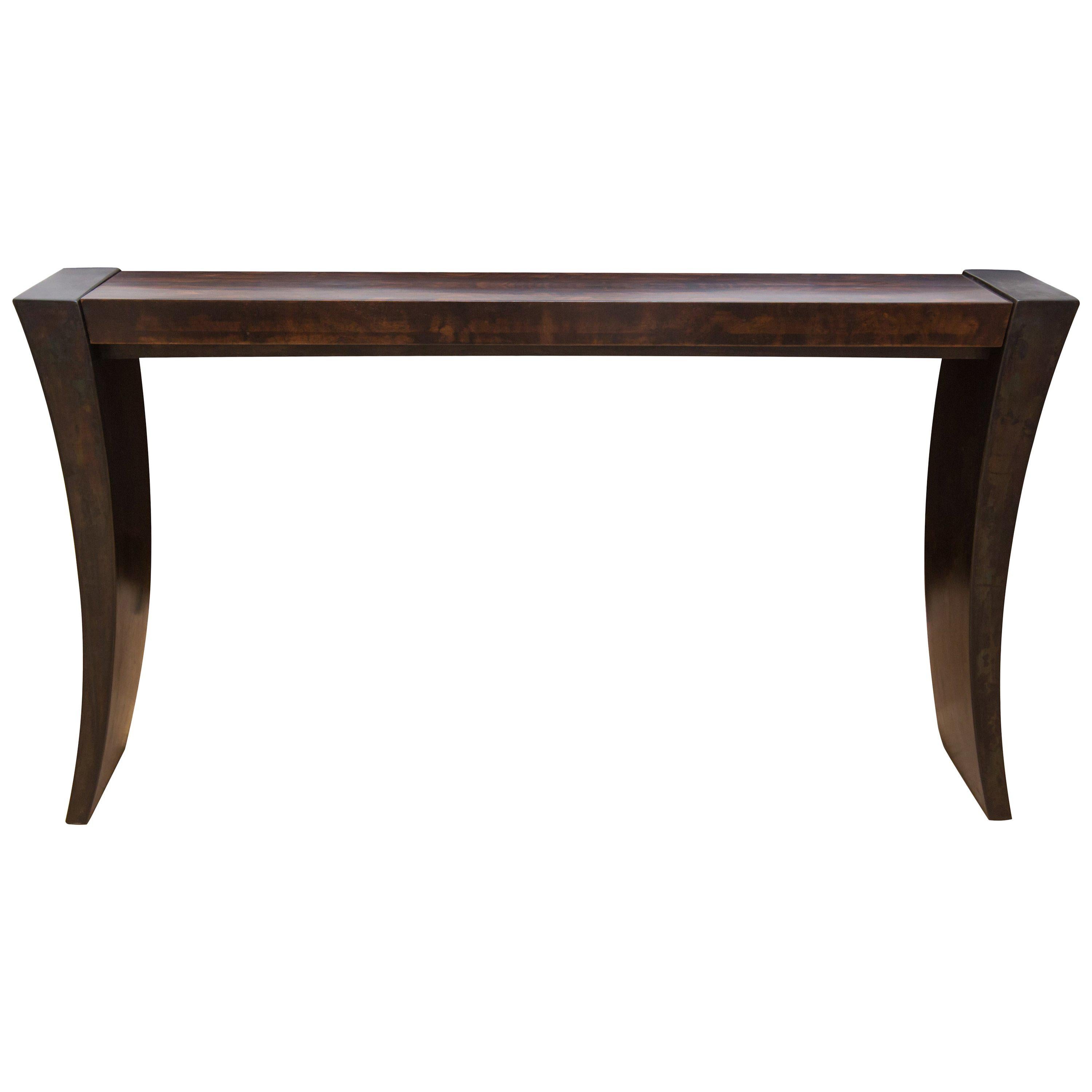 Console Table with Ziricote Wood Top and Hand-Formed Steel Legs For Sale