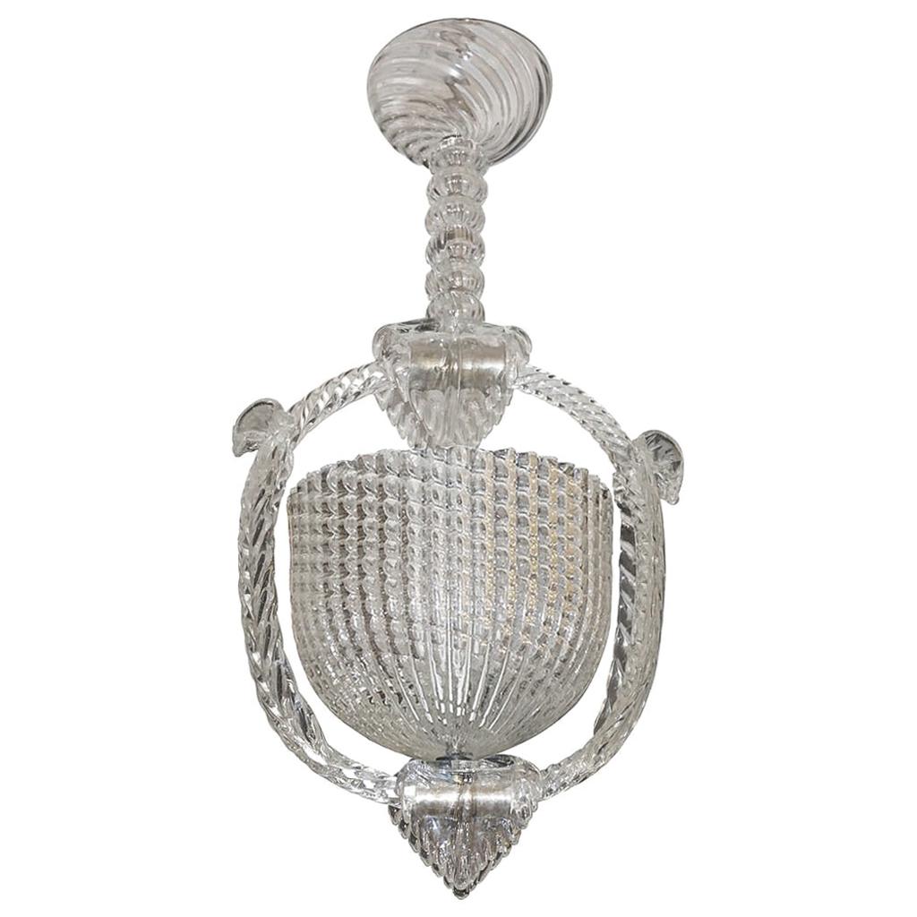 1940 Barovier Italian Art Deco Crystal Clear Murano Glass Basket Chandelier