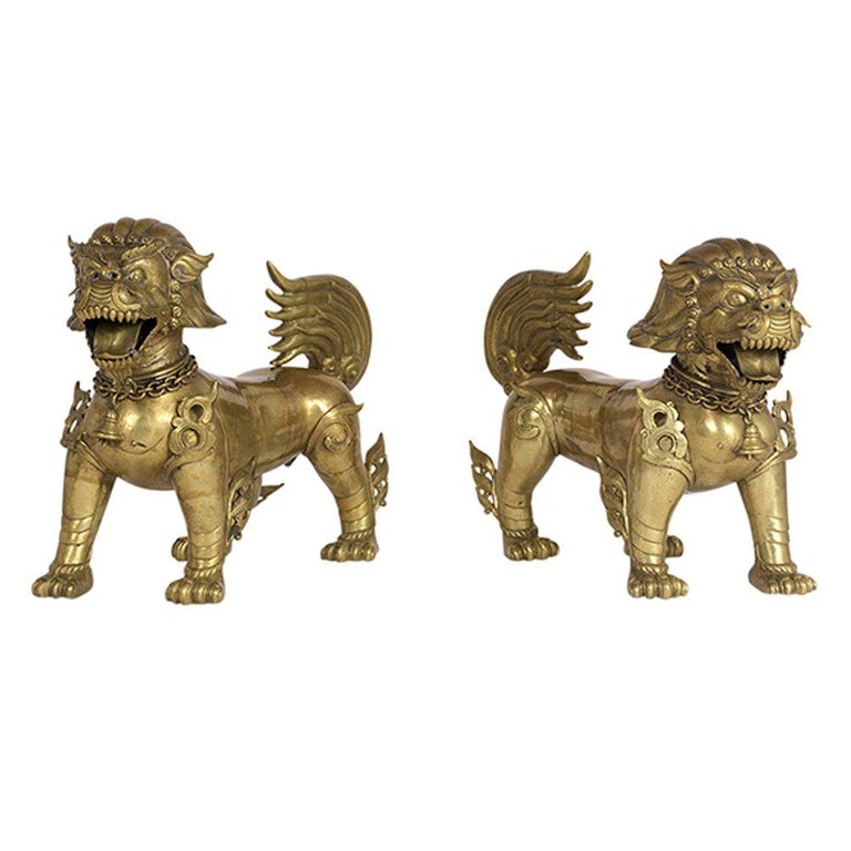 Set of Two 1970s Standing Brass Foo Dogs For Sale at 1stdibs