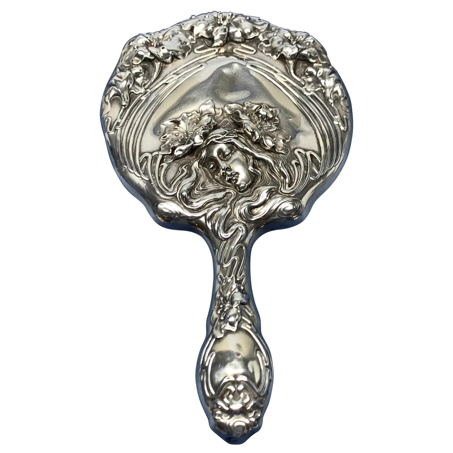French Sterling Silver Art Nouveau Hand Vanity Mirror
