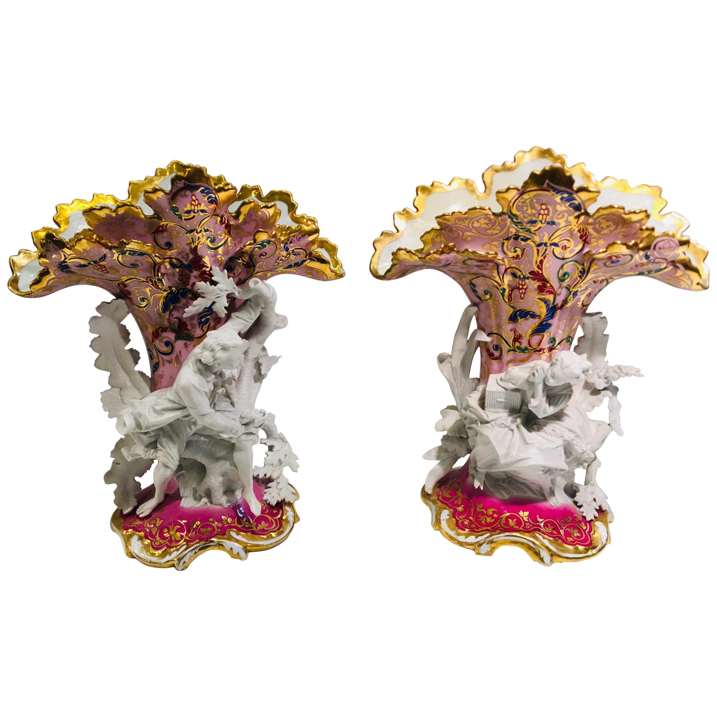Elaborate Pair of French Old Paris Antique Porcelain and Bisque Rococo Vases For Sale
