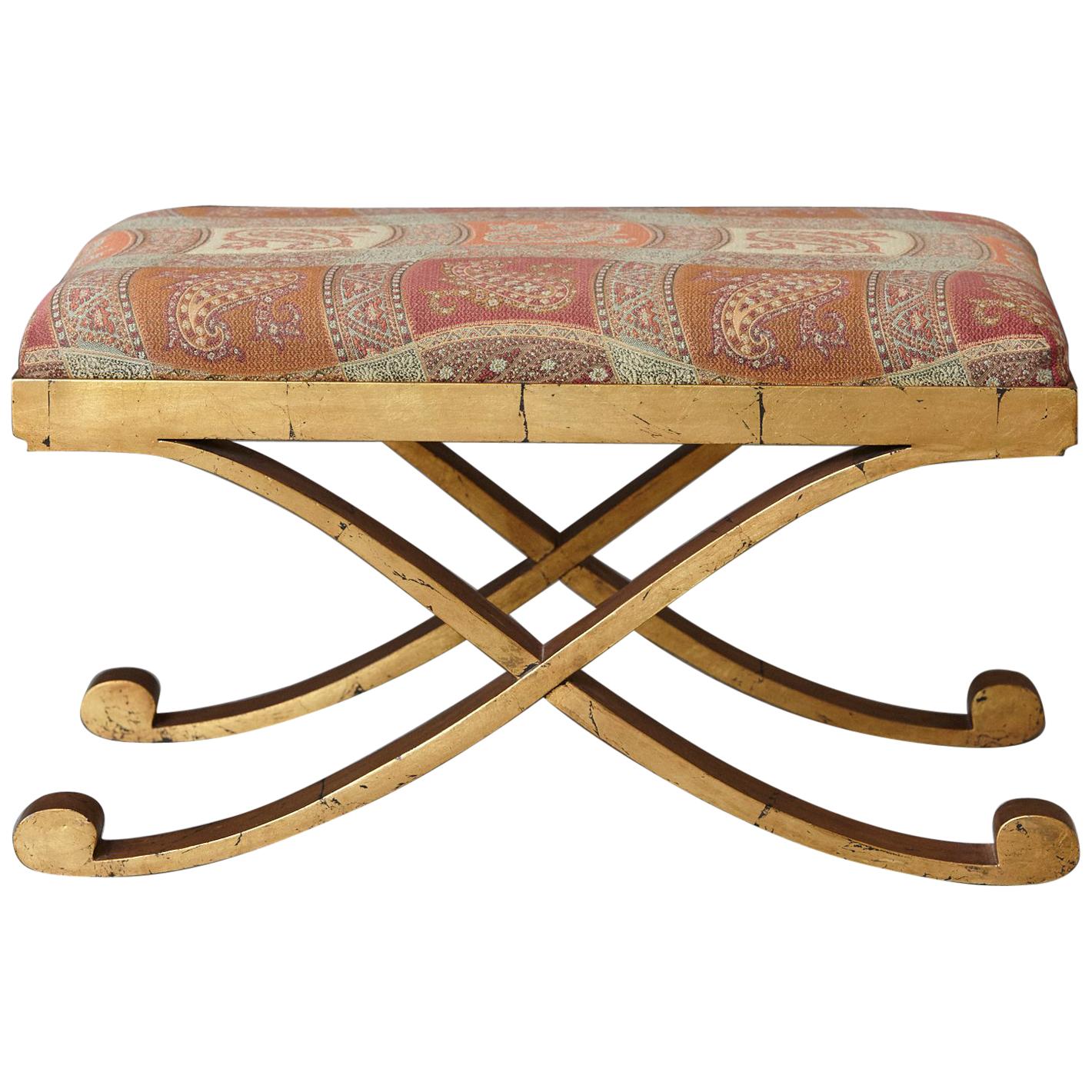 Gild Patinated Metal Bench with Cross Legs Upholstered in Paisley Fabric