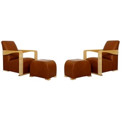 Art Deco Style Pair of Hugues Chevalier Leather Lounge Armchairs Ottomans French