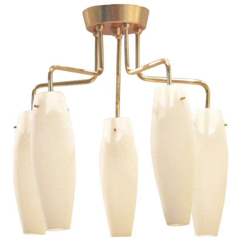 Midcentury Italian 1950s Low Ceiling Five Glass Drop Down Lamp with Brass For Sale