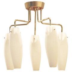 Midcentury Italian 1950s Low Ceiling Five Glass Drop Down Lamp with Brass
