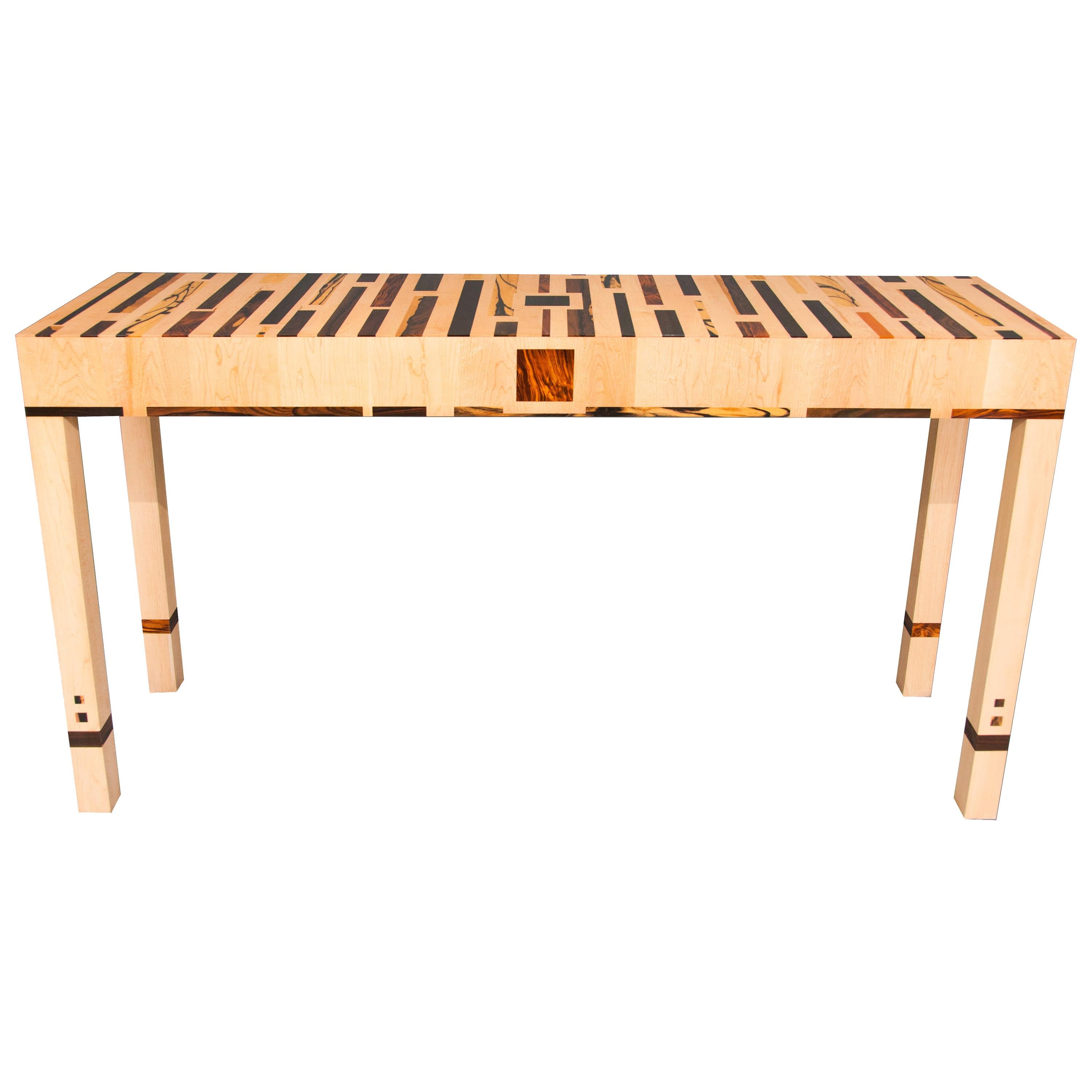 Expressionistic Geometric Inlaid Maple and Exotic Wood Console Table For Sale