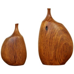Mid-Century Modern Doug Ayers Pair of Carved Teak Sculptural Table Vases Signed