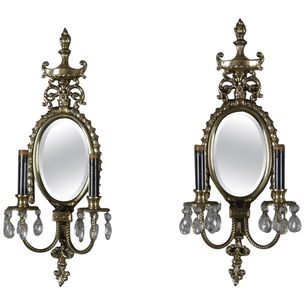 French Neoclassical Urn & Rope Twist Double Candle & Mirrored Wall Sconces, Pair