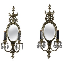 French Neoclassical Urn & Rope Twist Double Candle & Mirrored Wall Sconces, Pair