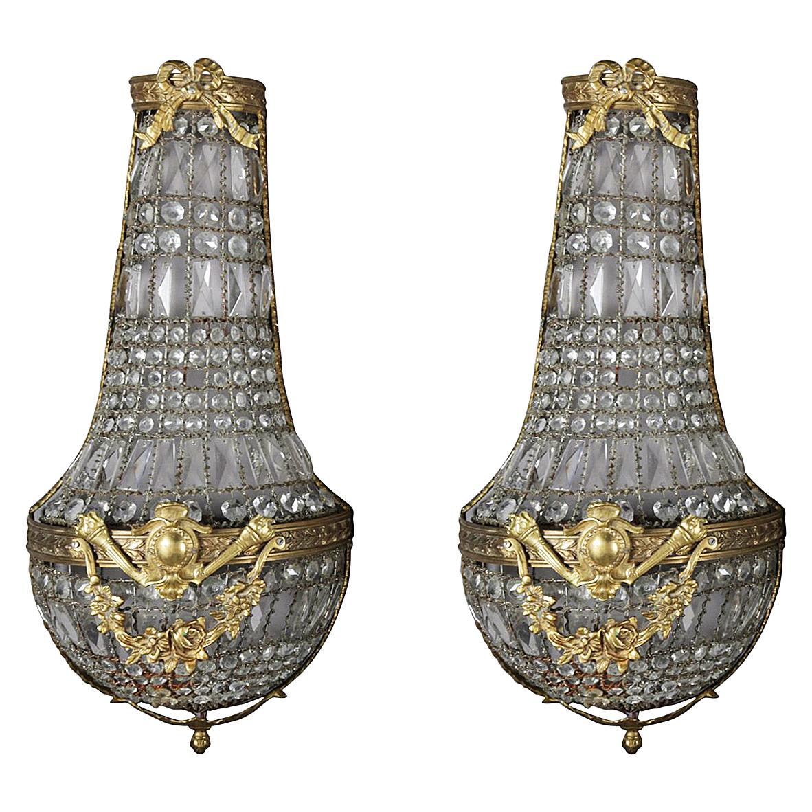 Oversized French Louis XIV Style Bronze and Draped Crystal Wall Sconces
