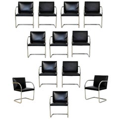 Mid-Century Modern Brno Knoll Set of 12 Chrome Black Leather Dining Armchairs