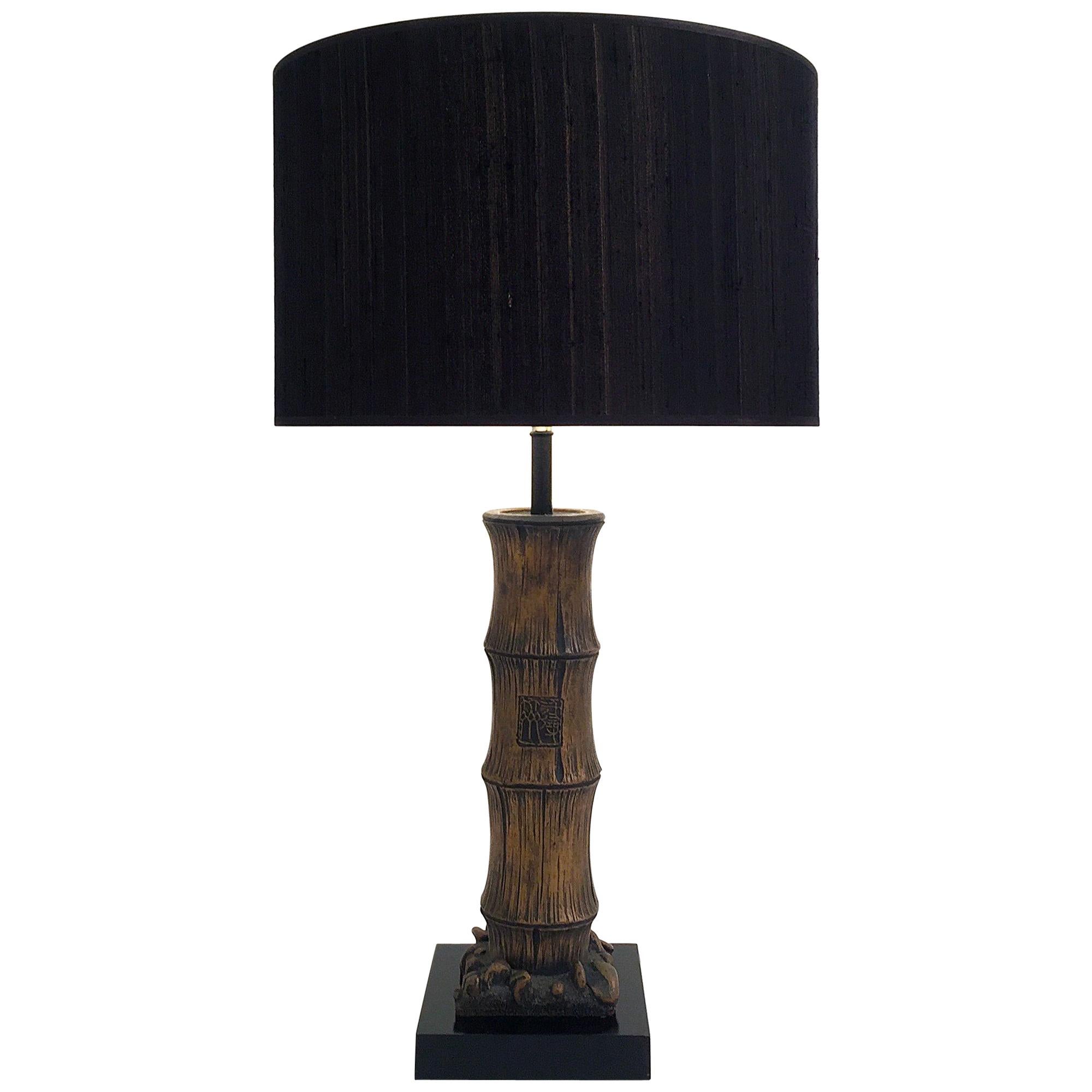 Wood Carved Chinese Style Faux Bamboo Table Lamp For Sale