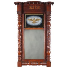 Antique American Empire Carved Mahogany and Églomisé Eagle Trumeau Wall Mirror