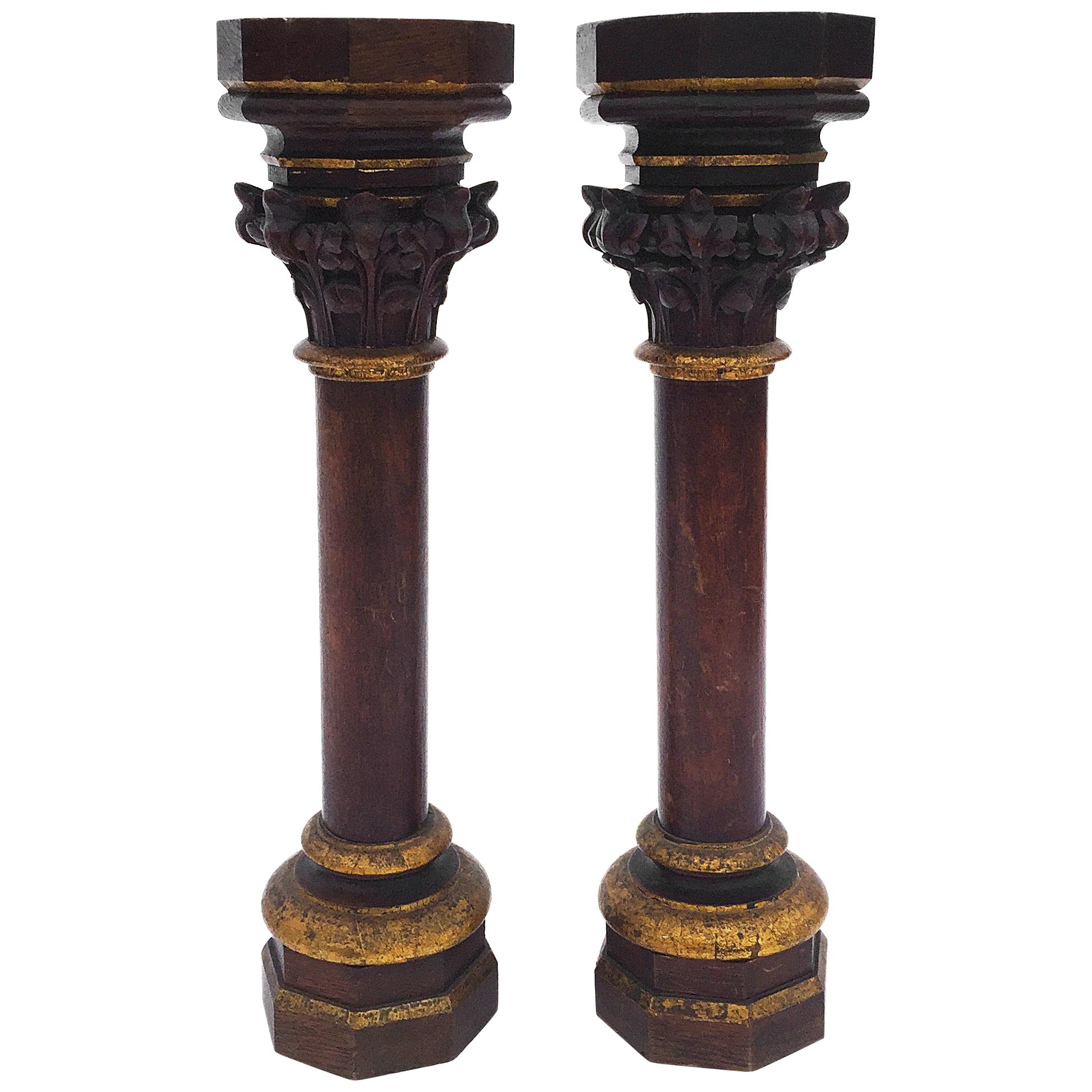 Antique Pair of Handcrafted Oak Gothic Flemish Church Columns For Sale