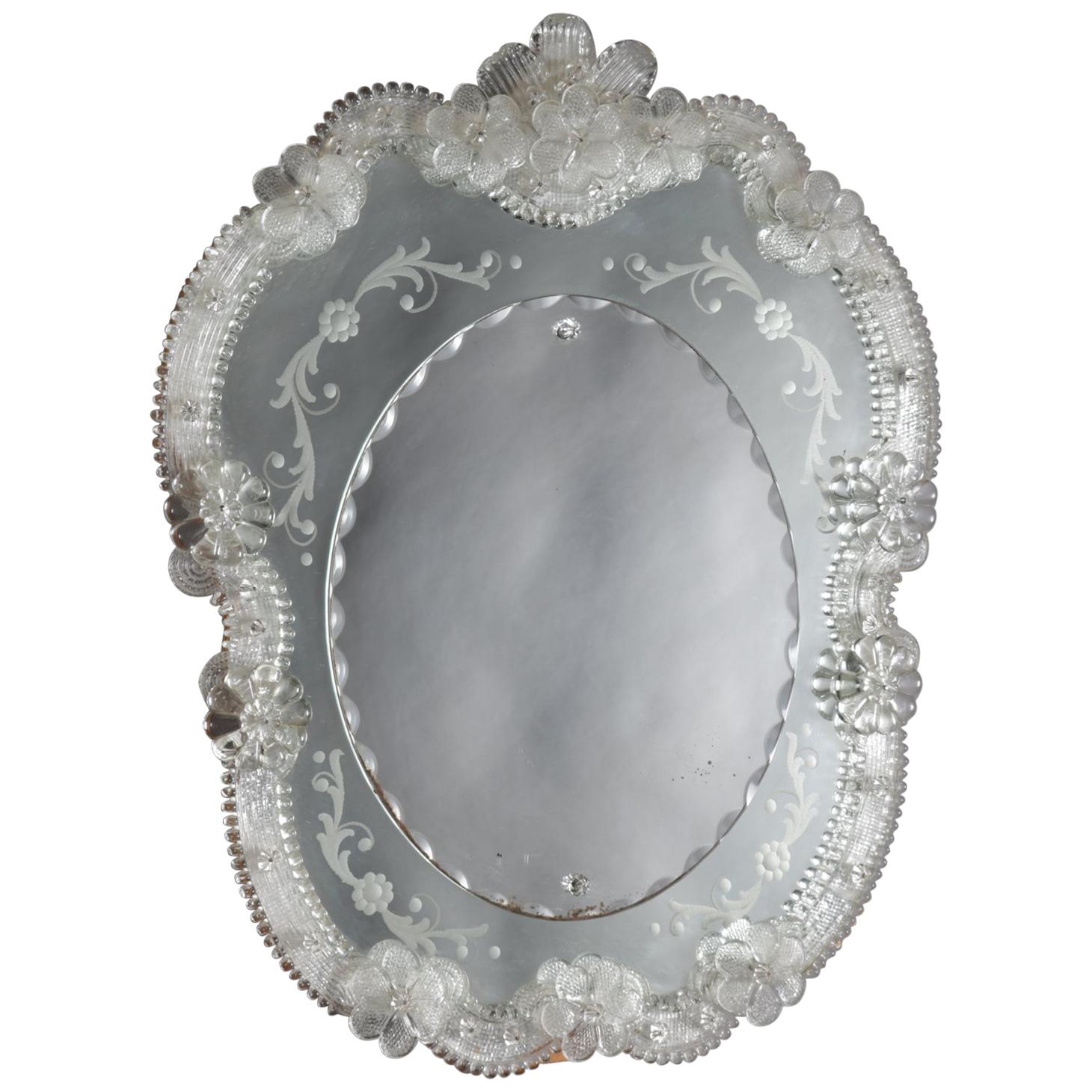 Italian Venetian Foliate Etched and Floral Vanity or Wall Mirror, 20th Century