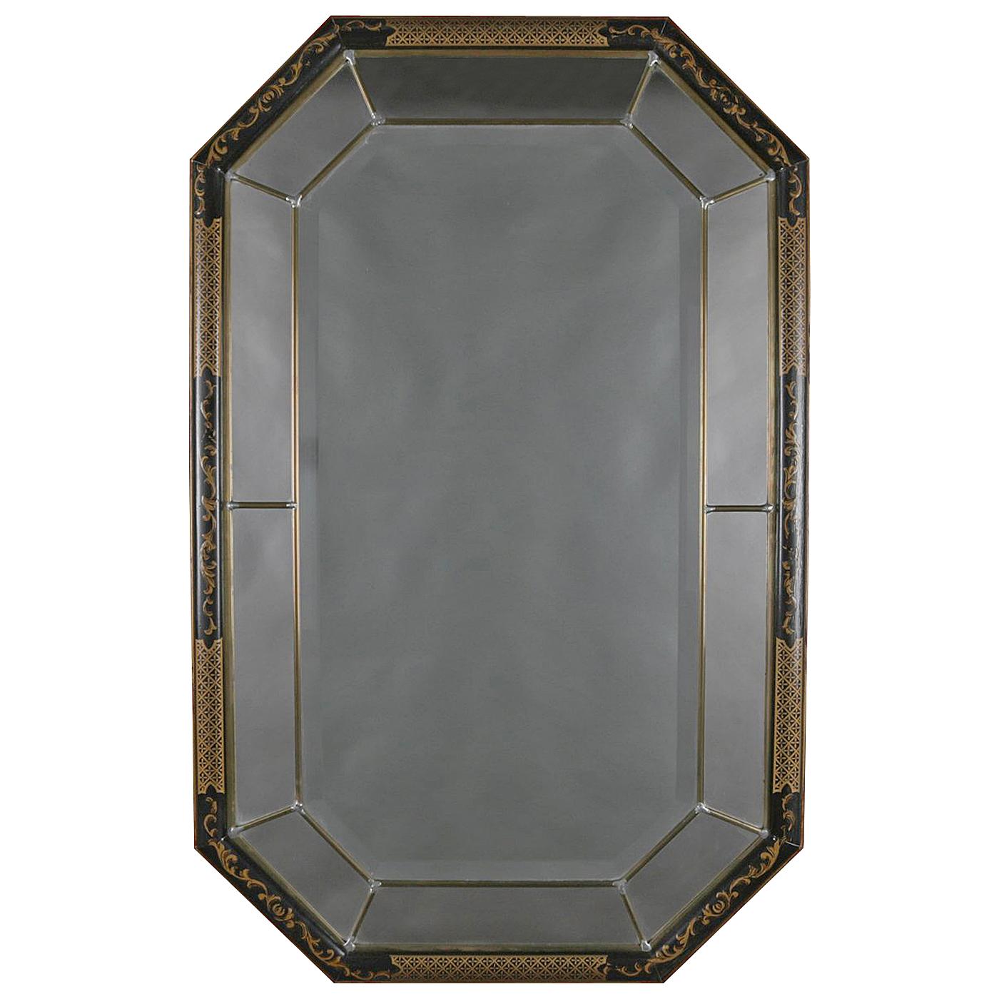 Chinoiserie Ebonized and Gilt Decorated Parclose Wall Mirror, 20th Century