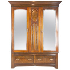 Antique Walnut Armoire, Three-Door Armoire, Vintage Wardrobe, Scotland, 1895