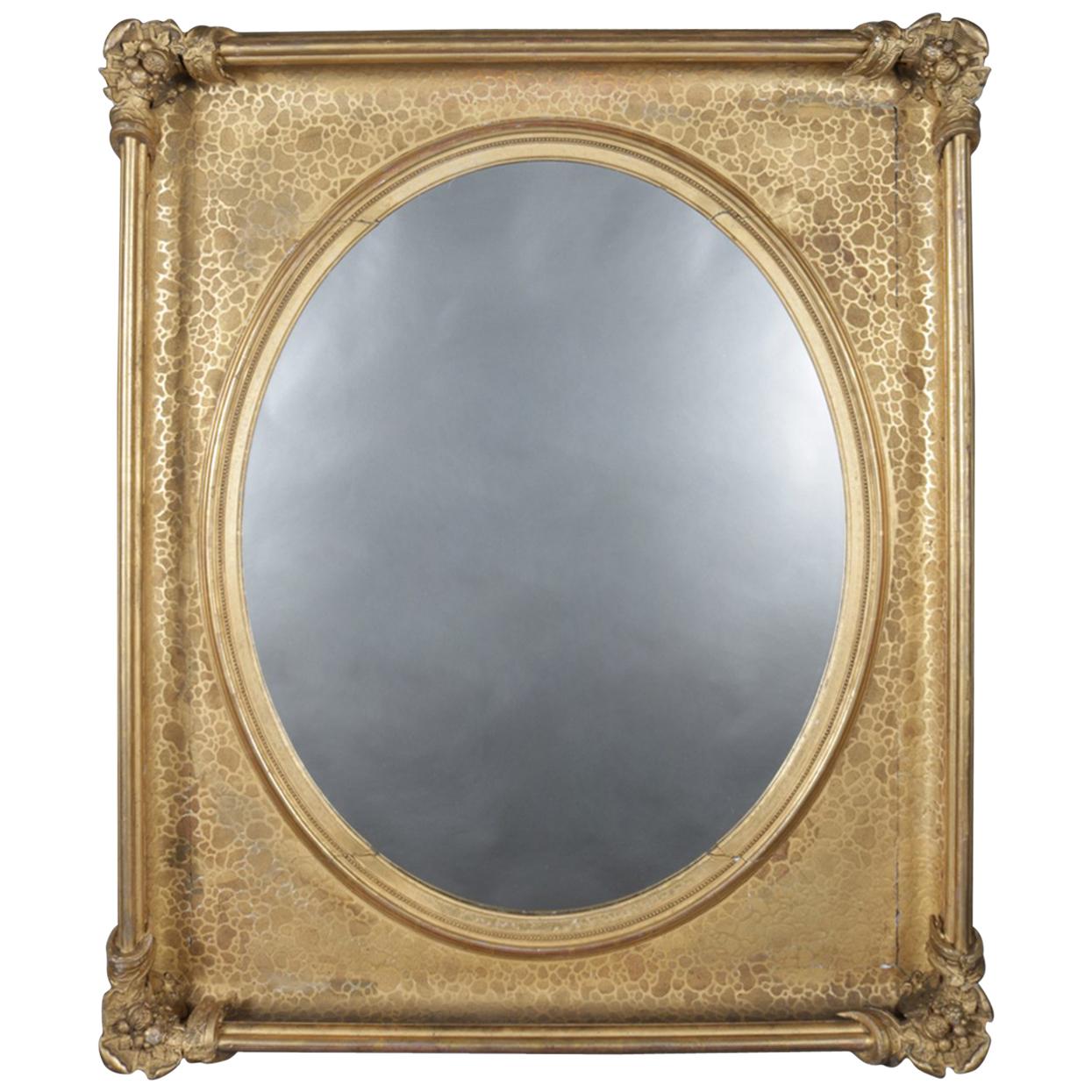 Oversized Antique Modeled Giltwood Portrait Framed Wall Mirror, circa 1880