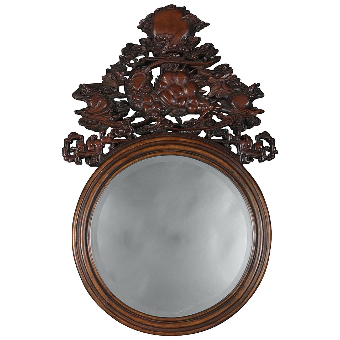 Chinese Hand Carved Foliate Hardwood Pediment Wall Mirror, 20th Century