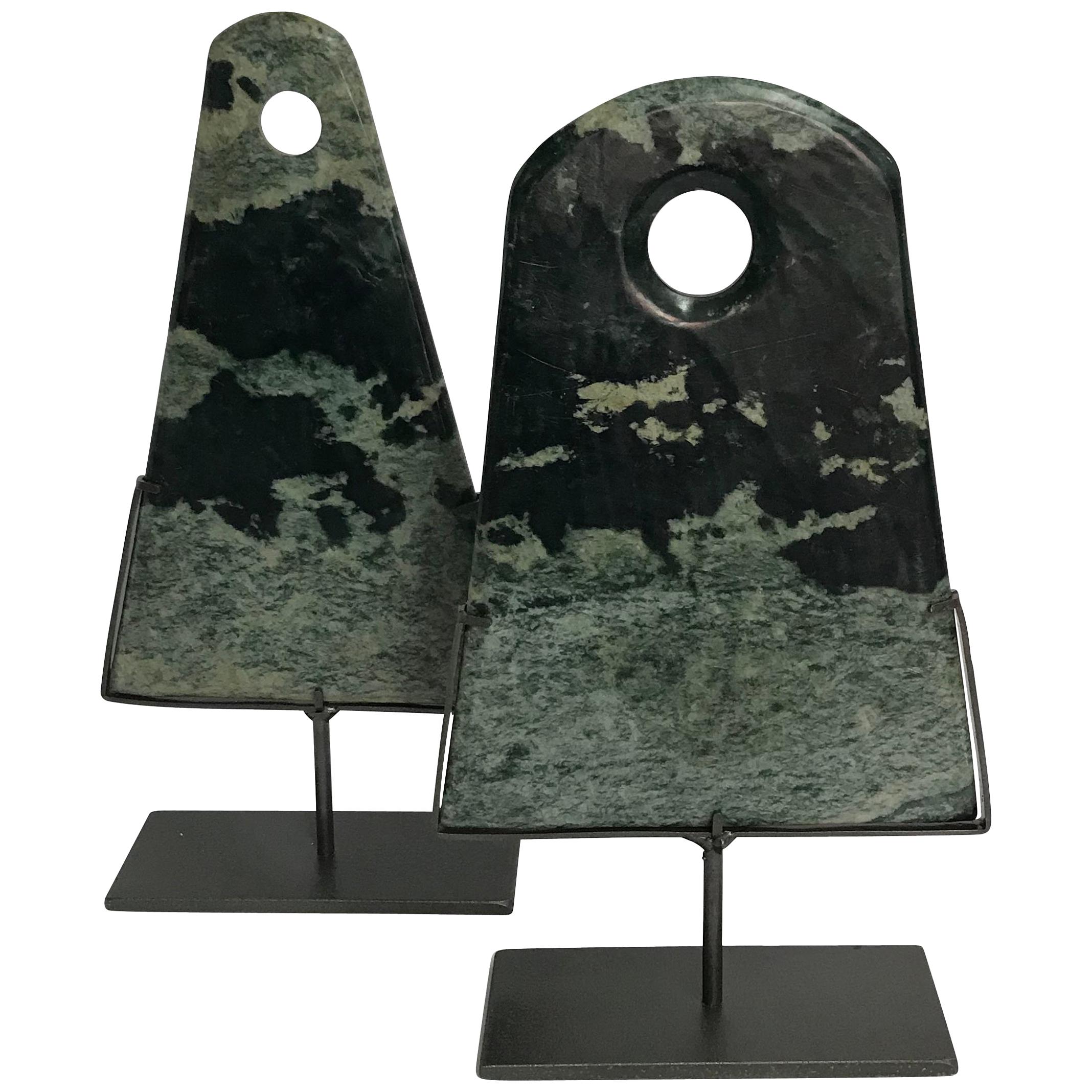 Green Set of Two Triangle Shaped Stone Disc Sculptures, China, Contemporary