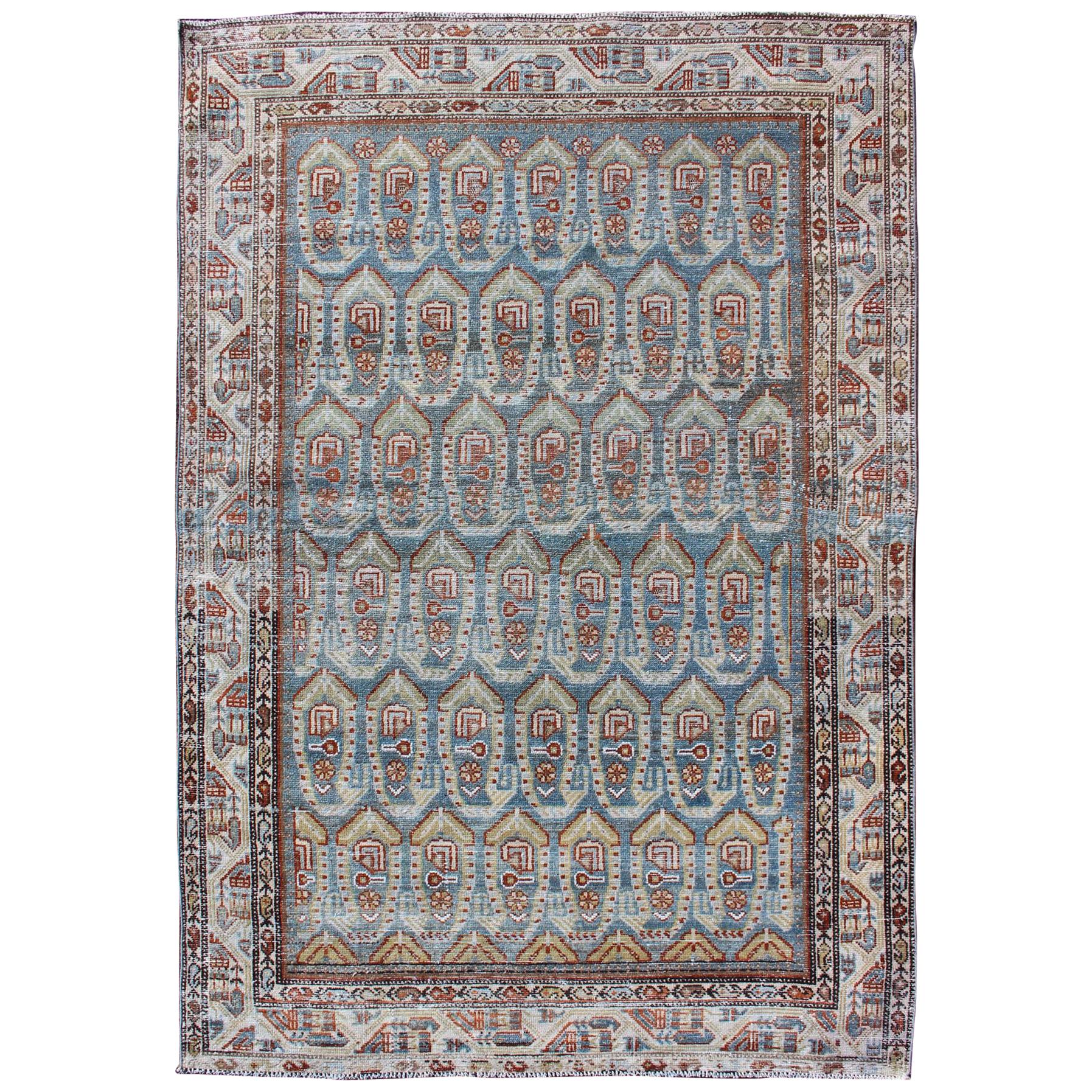 All-Over Paisley Pattern Antique Persian Malayer Rug in Blue and Red