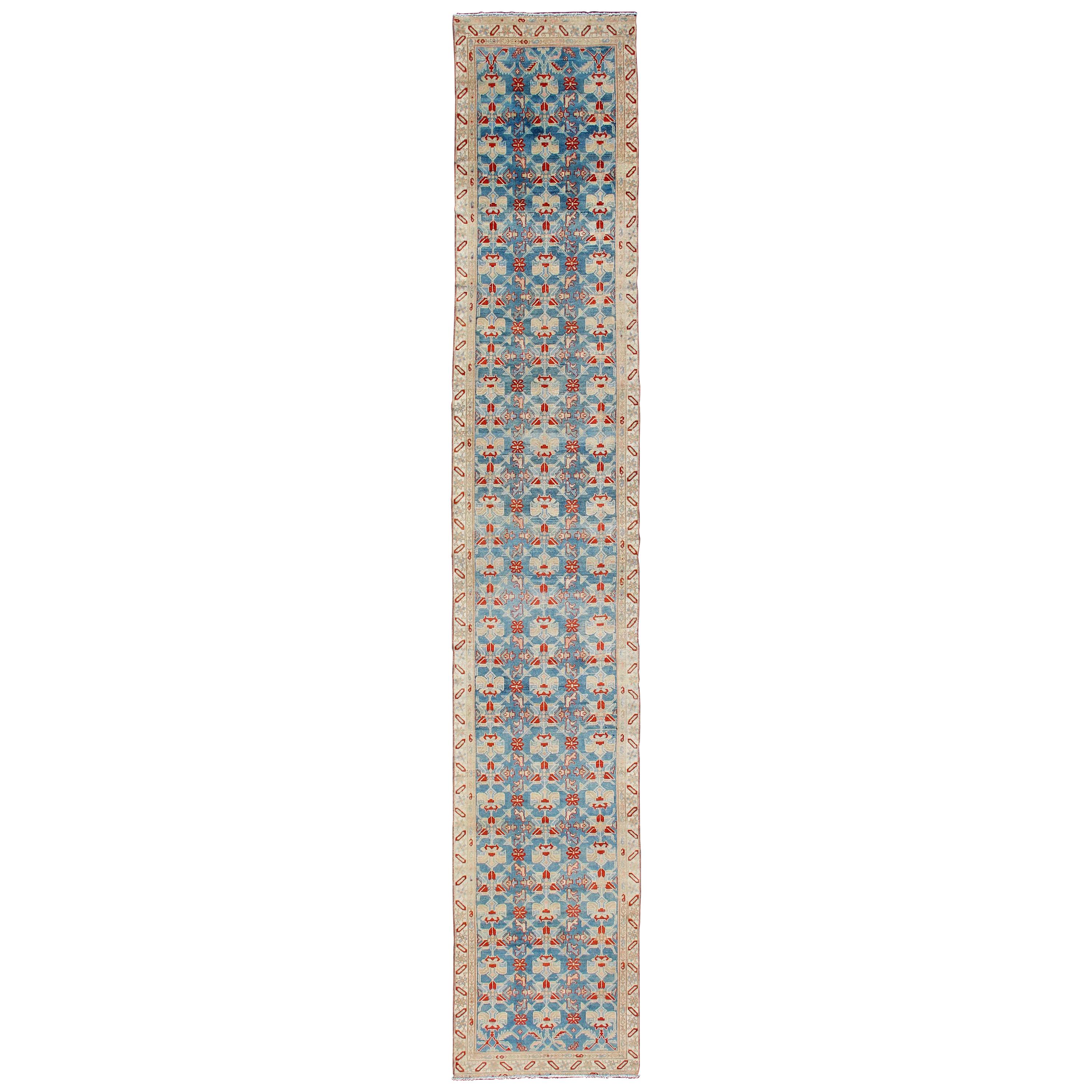 Long Antique Persian Malayer Runner with Repeating Design in Blue, Red, Nude For Sale