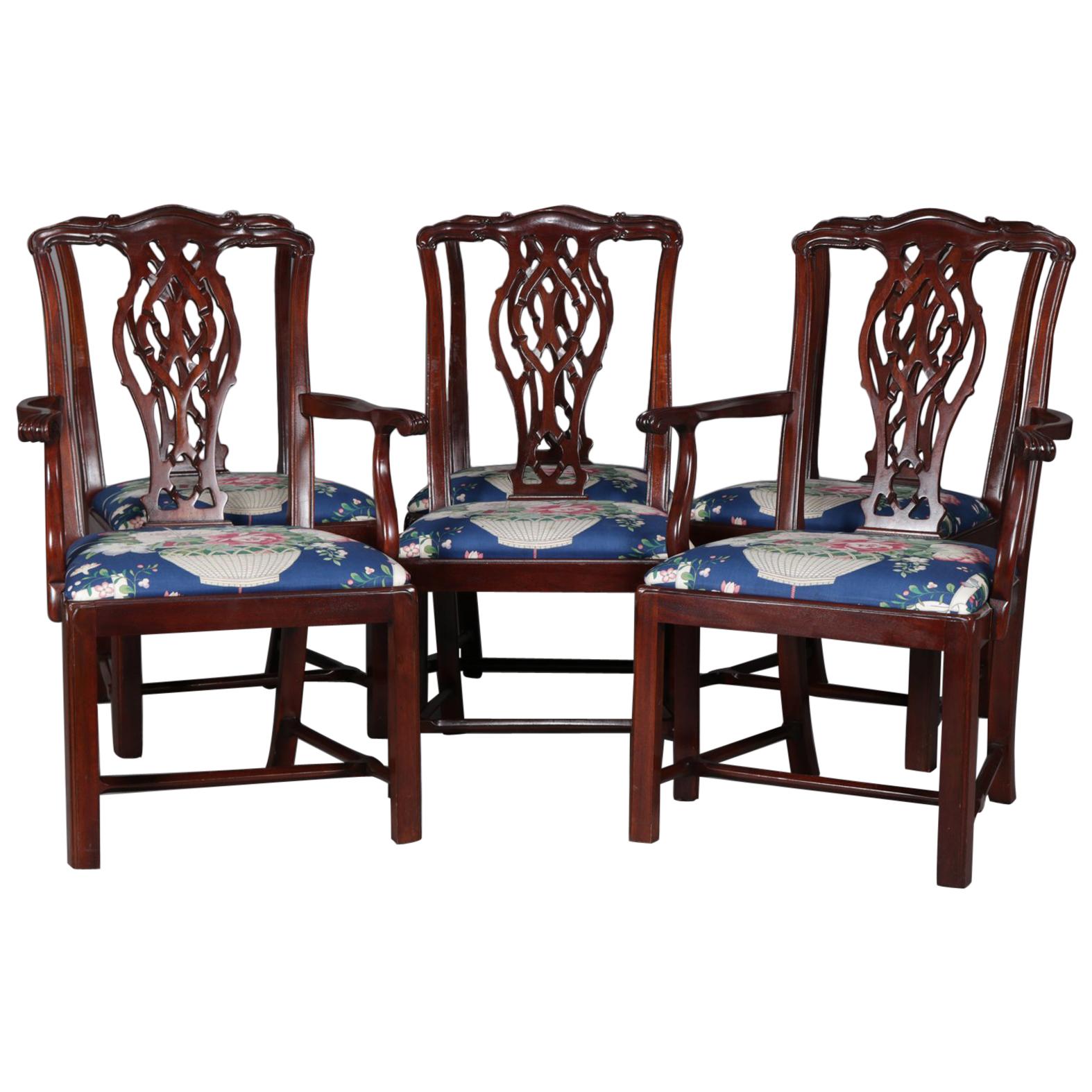 Set of 6 Chippendale School Carved Mahogany Ribbon Back Dining Chairs circa 1940
