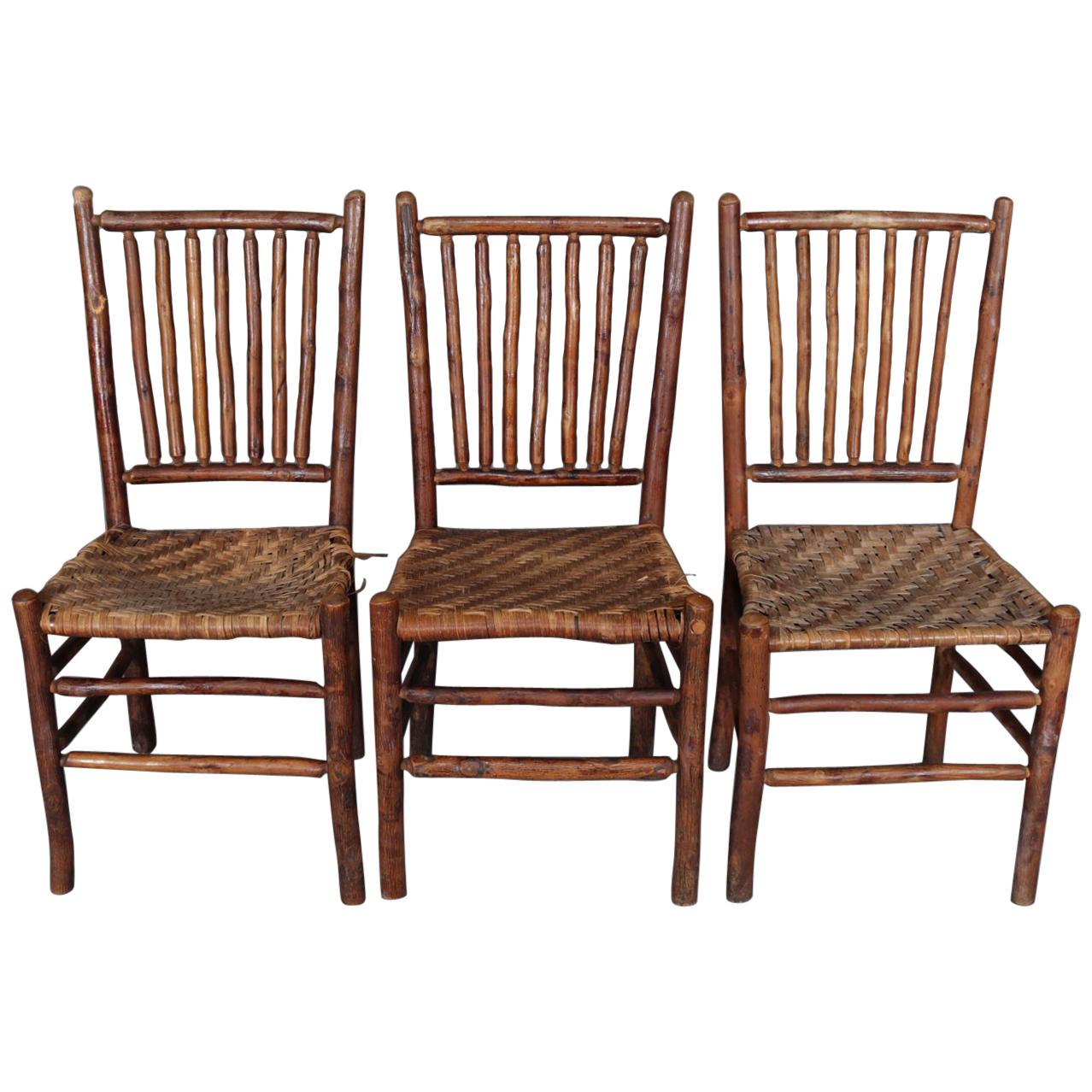 Antique Hand Carved Old Hickory Adirondack Branch & Rush Side Chairs, circa 1900