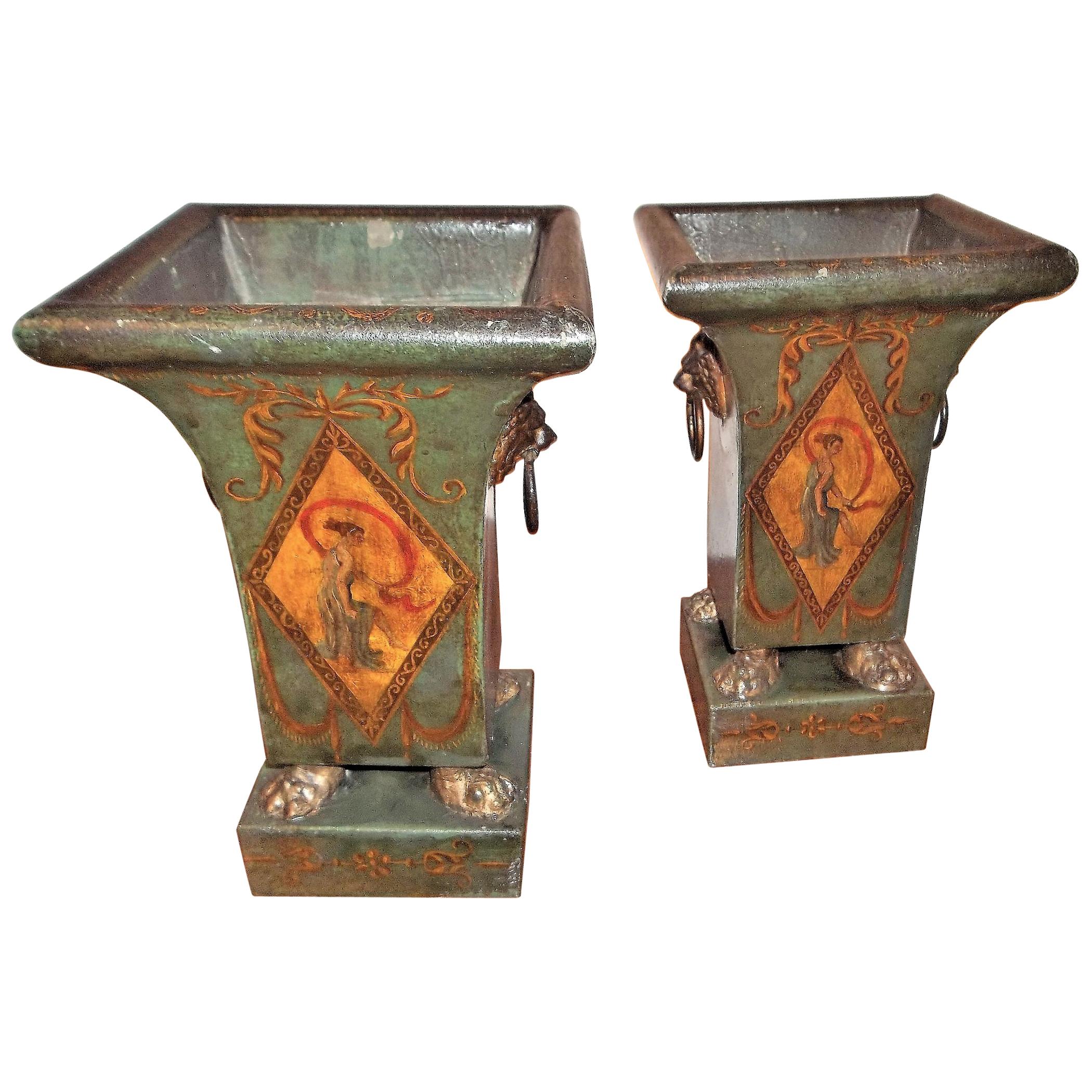 Pair of Italian Directoire Style Antique Tôle Peinte Urns or Pots
