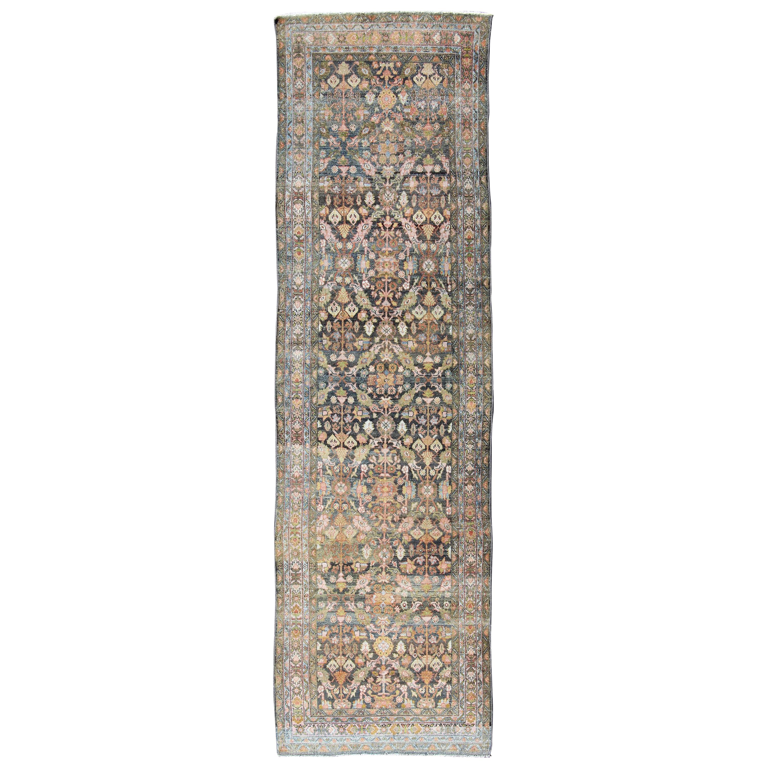 Colorful Antique Persian Hamedan Runner with All-Over Floral Design