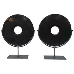 Pair of Smooth Black Stone Disc Sculptures, China, Contemporary
