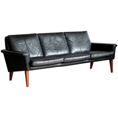 Folke Jansson Attributed Scandinavian Three-Seat Sofa in Black Leather and Teak