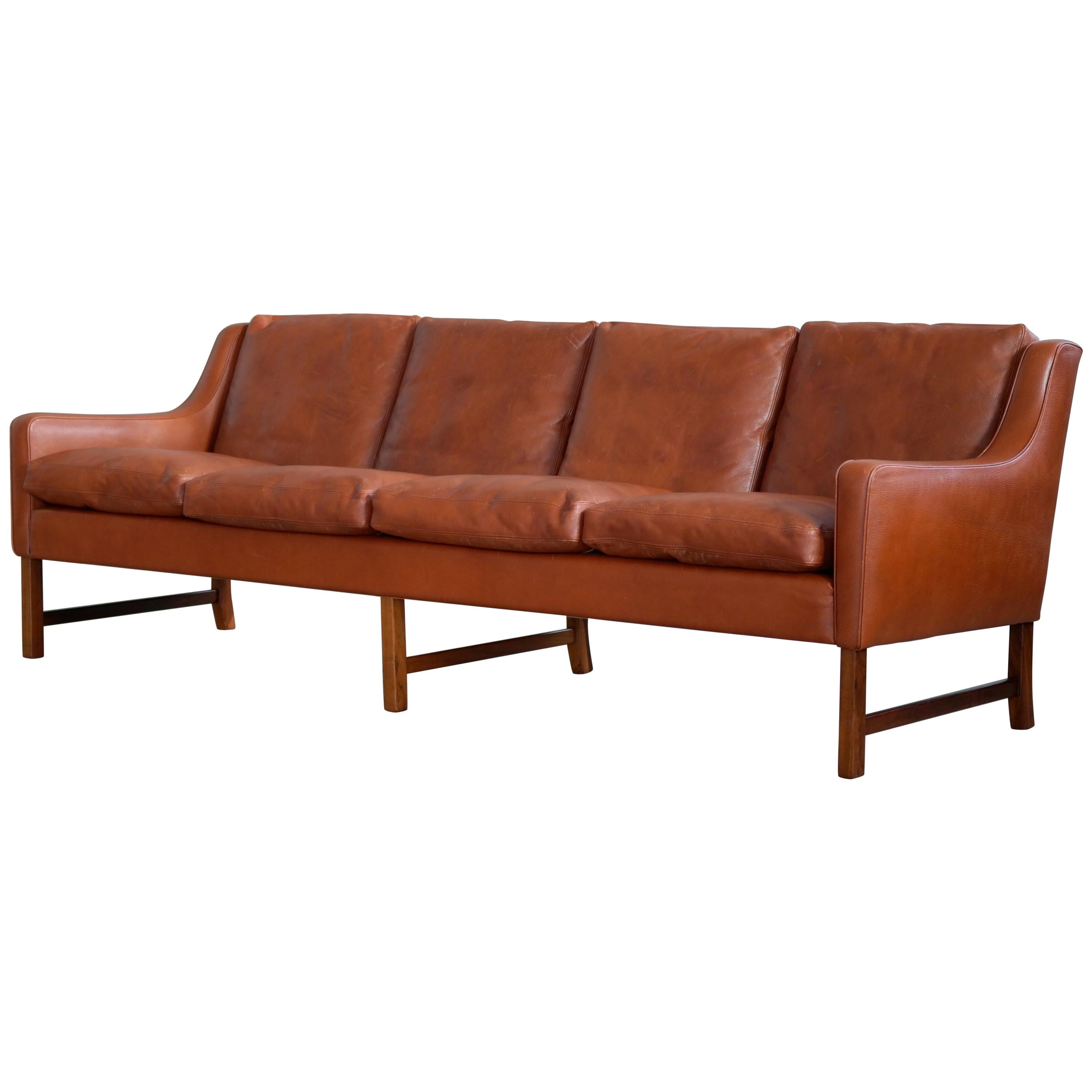 Four-Seat Sofa in Cognac Leather and Rosewood by Fredrik Kayser for Vatne Norway