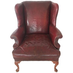 Vintage Queen Anne Red Leather Wingback Chair