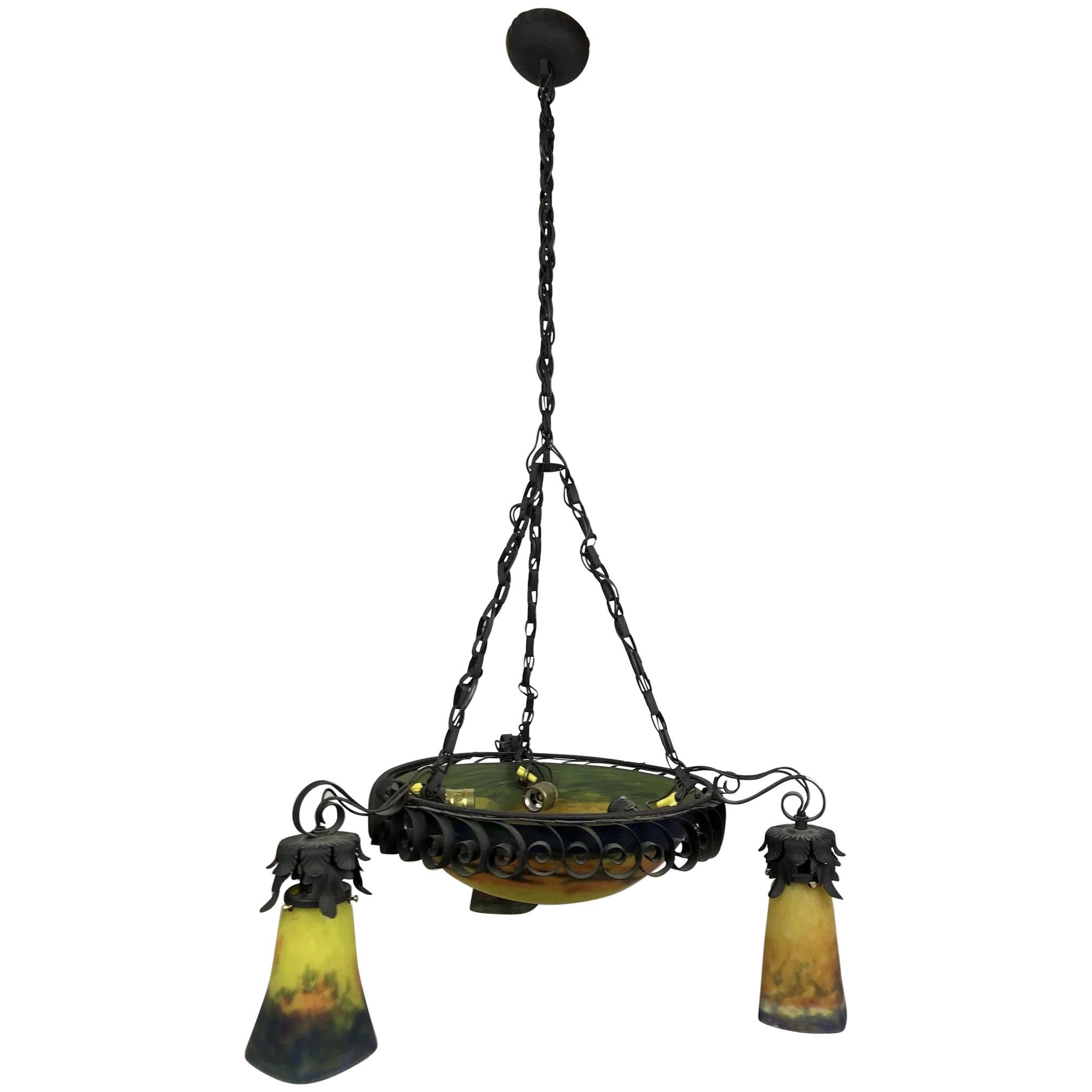 French Art Nouveau Muller Freres Art Glass Pendant Chandelier Hanging Lamp For Sale